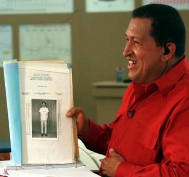 Hugo Chavez, holding his army dossier
