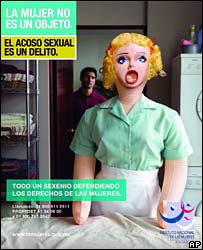 A blow-up sex doll illustrates an anti-rape campaign poster in Mexico